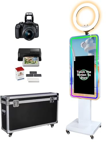 Magic Mirror Photo Booth with DSLR Camera and Printer Kit 21.5 Touch Screen Selfie Mirror Photobooth Machine Ring Light RGB LED Frame Portable for Events Rental Wedding Party (21.5” Complete Set)