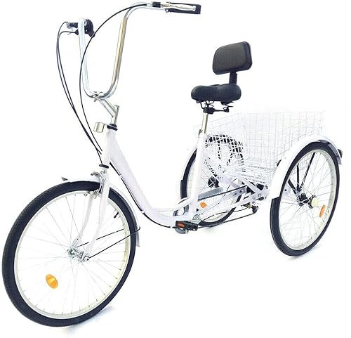 Dreirad für Erwachsene 24 Zoll Fahrrad 6-Gang Lastenfahrrad mit Korb und Rückenlehne Tricycle Weiß