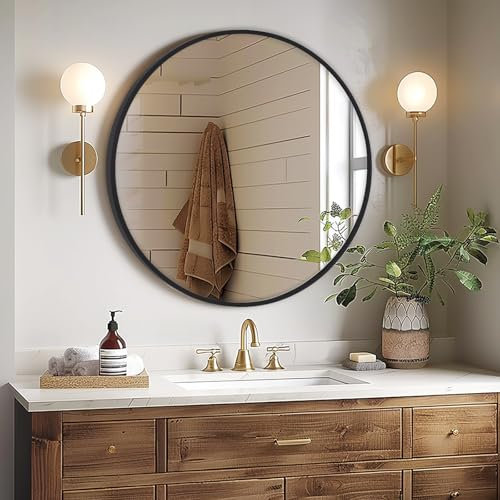 Melodieux Runder Wandspiegel, 60 cm, schwarzer Kreis, Hängespiegel, Heimdekoration, Wandmontage, Kosmetikspiegel für Badezimmer, Wohnzimmer, Flur