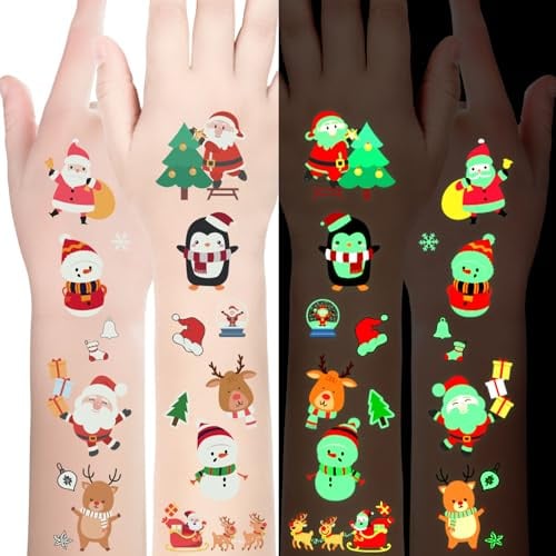 Leuchtend Weihnachten Tattoo, 120 Stück Leuchten im Dunkeln Temporäre Aufkleber für Kinder, Jungen, Mädchen - Weihnachtsdeko Party Favors und Geschenke