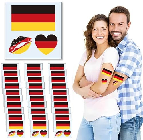 KUMSODE 30 Blätter Deutschland Flagge Tattoos Aufkleber für EM Deko, Deutsche Dekoration Temporäre Tattowierung Set Wasserdichter Gesichts Tattoos Sticker für Fußball Party Deko