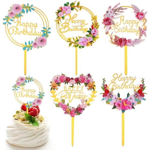 Dimeho 10 Stück Kuchendekoration Happy Birthday Glitzer Golden Kuchendekoration Acryl Cupcake-Banner-Stäbchen Gebäck Blumenschild Verschiedene Party Jubiläumsartikel