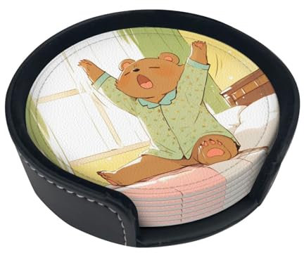 Little Bear Just got up Untersetzer, rund, Leder, flecken- und hitzebeständig, mit Aufbewahrungsbox, für Zuhause, Küche, Büro, Untersetzer, 6 Stück