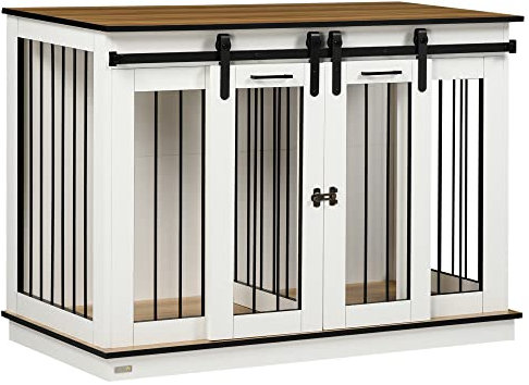 PawHut Hundekäfig Möbel mit Zweiraum-Option, 2 Türen Moderne Metall Hundebox für Zuhause Indoor Hundehütte für große Hunde bis zu 30 kg Hundehaus 120 x 60 x 88,5 cm Weiß
