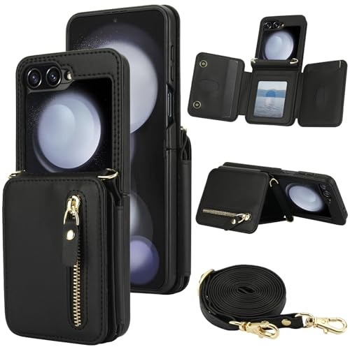 XIZYO Zippée Poche Cuir Coque pour Samsung Galaxy Z Flip 5, Noir | avec Cordon Collier, Etui de Téléphone en Portefeuille avec Porte-Cartes, Fermeture Magnétique, Couleur Unie, Luxe Antichoc