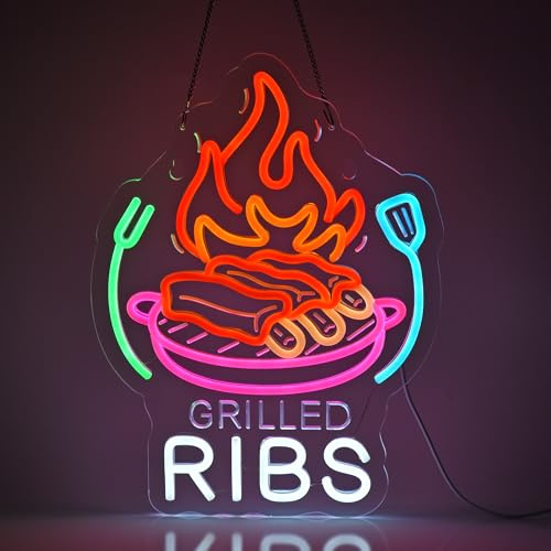 CNBEYOUNG Grilled Ribs Neon Sign，BBQ Diner Beef Wall Decor LED Light Sign