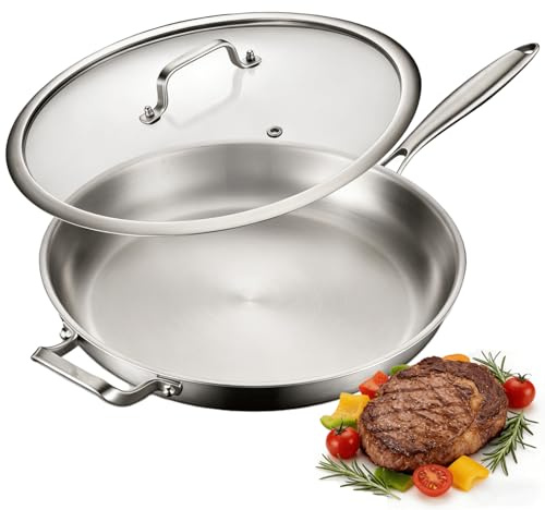 Nontoxicook 36cm Non Toxic Stainless Steel Frying Pan with Lid | PTFE & PFOA Free, 14 Inch Skillet, Oven Safe up to 315℃, Stainless Steel Cookware, Fast Even Heat, Large Cooking Surface