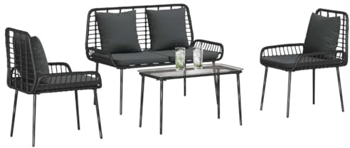 vidaXL Garden Furniture Set 4 pcs Black and Cream Poly Rattan, Garden and Terrace Furniture Set, Modern Rattan Seating, UV-Resistant Outdoor Lounge, Weatherproof Patio Chairs, Table