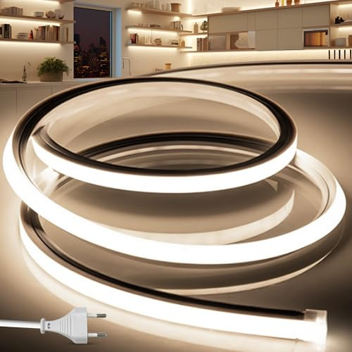 BRIMETI LED Streifen Aussenbereich 230V Neon LED Strip 3M Wasserdicht Lichtband IP65 Neutralweiß Silikon Aussen Schlauch 120LED/M Outdoor Lichtleiste Band für Innen Heim Küche mit Netzteil