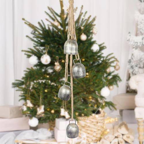 CEWUDA Christmas Bells for Decoration 4 Pz Campane di Natale Argento Vintage Campanelle Natalizie Appesi Campanacci Mucche Rustiche con Corda per Albero di Natale Ringhiera per Scale Porte Giardino