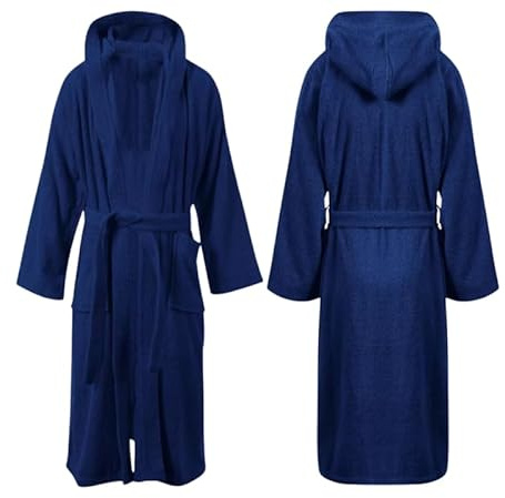 Unisex Egyptian Cotton Bath Robe 100% Luxury Terry Towelling Dressing Gown Soft Hooded or Shawl Neck Loungewear Housecoat for Men Women- Hooded Navy