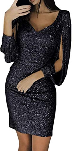 Generisch Silvester Outfit Damen - Festliche Paillettenkleid Elegant Glitzerkleid Abendkleider Sexy Langarm Durchbrucharbeit Glitzer Kleid Party Festlich Kleider Figurbetontes Pailettenkleider 2025