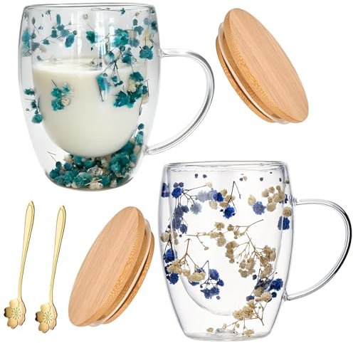 Tasse Verre Double Paroi,Lot De 2 350ML Tasses Double Paroi Avec Fleurs Séchées Avec Cuillère,Couvercle,Tasse Double Paroi Avec Fleurs Séchées,Tasse En Verre À Double Paroi Pour Cappuccino,Latte