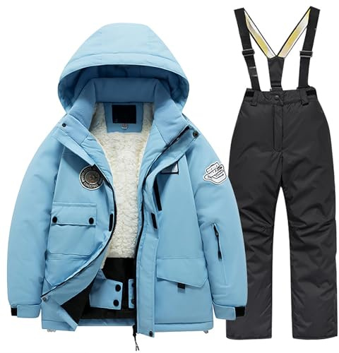 Generisch 2026 Combinaison de ski pour enfant avec poche en polaire, veste, pantalon, coupe-vent, snowboard, unisexe, pour enfant, Noir , 10-12 ans