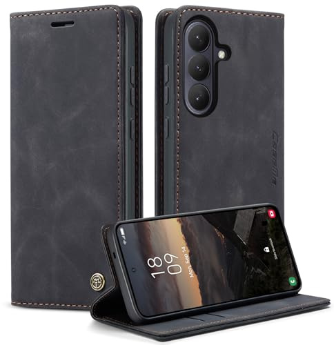 CaseMe Hülle für Samsung Galaxy S26 Vintage Dünne Handyhülle mit Kartenfach Geld Slot Ständer PU Ledertasche Flip Schutzhülle für Samsung Galaxy S26- Schwarz