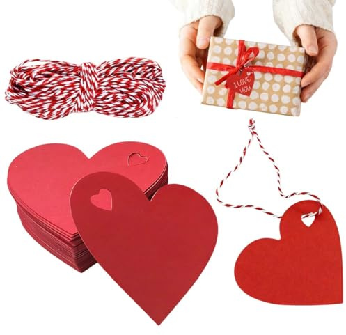 JRYXDS 100 Stück Herz-Geschenkanhänger, Geschenkanhänger Mit Schnur, Kraftpapier Anhänger Etiketten, Geeignet Für Valentinstag/Weihnachten/Hochzeit/Thanksgiving/Geburtstag/Feiertagsfeier (Rot