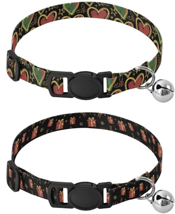 Collar para cachorros, collares de hebilla de liberación rápida para perros hembras y machos, 2 paquetes de Navidad, corazones negros, estrellas, acebo, Navidad, negro, verde, rojo, árbol de regalo de