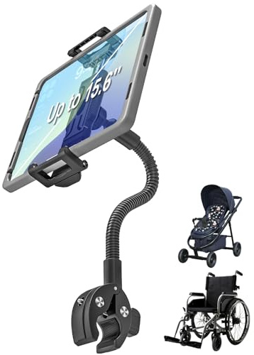 INSSKY Soporte para tablet para silla de ruedas y cochecito, soporte flexible para manubrio de brazo largo para dispositivos de 6.1 a 15.6 pulgadas, compatible con iPad Pro/Air/Mini, Galaxy Tab