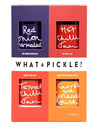 What A Pickle Gift Box - Includes: 4 x 100g Jars of Red Onion Marmalade, Tomato Chilli Jam, Carrot & Coriander Relish and Hot Chilli Jam - Gluten Free - Ideal for Cheeseboards