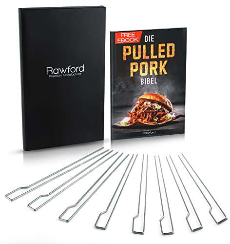 Rawford Doppel-Grillspieße Edelstahl – 30 cm | 8er Set für Fleisch & Gemüse | LFGB geprüft (TÜV) | Rutschfest & langlebig | Grillzubehör inkl. Pflegeanleitung & Pulled Pork E-Book