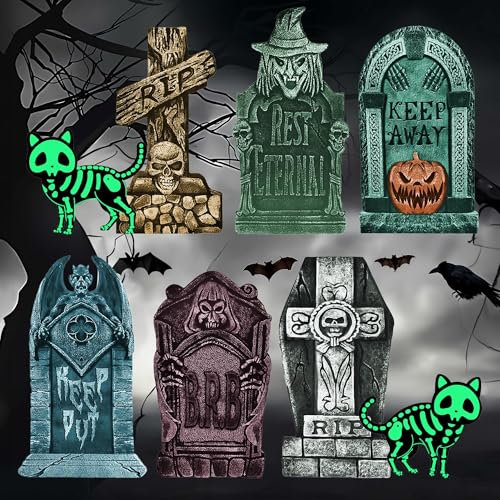 ZEXUPORIUM 8 Stück Halloween Deko Outdoor Set, 6 Stück RIP Grabstein Halloween, 2 Stück Fluoreszierende Katzen, für Garten Rasen, Halloween-Events, Karneval, Labyrinthe