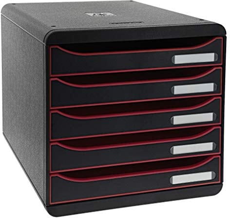 Exacompta 309984D Premium Ablagebox mit 5 Schubladen für DIN A4+ Dokumente. Stapelbare Schubladenbox mit hoher Kapazität für mehr Platz auf dem Schreibtisch Big Box Plus Black Office Schwarz|Himbeer