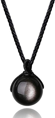 COAI Collier Ajustable Pendentif Rond Obsidienne Argentée Unisexe