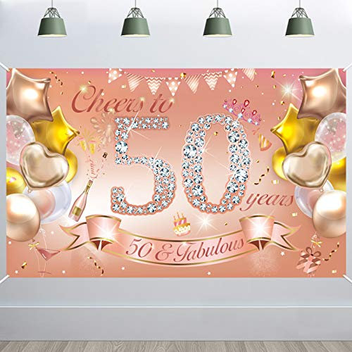 HOWAF Frau 50 Geburtstag Party Dekoration Rose Gold Stoff Banner 50 Geburtstag Foto Hintergrund Wand Garten Tisch Dekoration Supplies