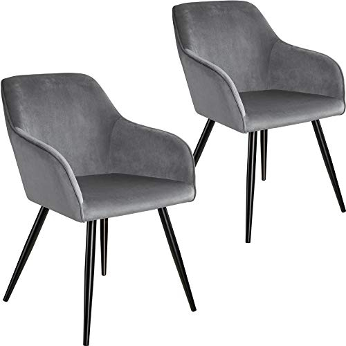tectake® 2er Set Esszimmer Stuhl, Esszimmerstühle mit Sitzfläche aus Samt, Armlehnstuhl, Sessel Wohnzimmer, gepolsterter Office Chair, Schminktisch Stuhl, gemütlicher Küchenstuhl - grau/schwarz