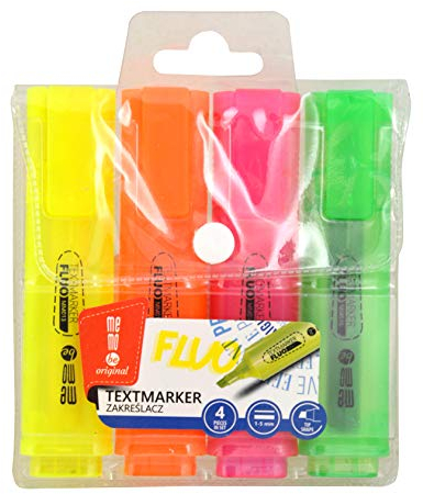 memobe 4er Textmarker-Set, leuchtende Neonfarben (1 x gelb, 1 x orange, 1 x pink, 1 x grün), Keilspitze, Strichbreite 1-5 mm, permanent, schnelltrocknend, MM013-99