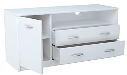 MATKAM Fernsehkommode 1D2S, H55xB110xT41cm, laminierte Möbelplatte 16 mm, EIN offenes Regalfach rechts, darunter 2 Schubladen, Links eine Ablage mit Tür, Metallscharniere, satinierte Griffe (Weiß)