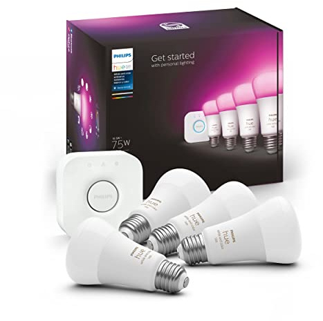 Philips Hue Smart Light Starter Kit - Includes (1) Bridge and (4) 75W A19 E26 LED Smart White and Color Ambiance Bulbs - Control with App - Compatible with Alexa, Google Assistant, and Apple HomeKit