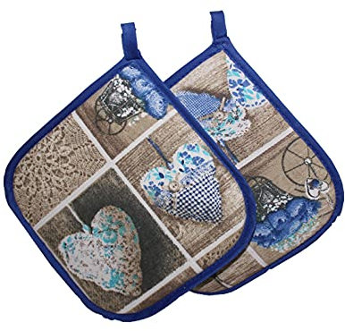 Russo Tessuti Coppia 2 Presina Forno Shabby Cuore Allungato Cucina Cordinato 19x19cm-Blu