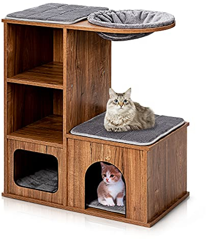 GYMAX Tiragraffi per Gatti in Legno, Tiragraffi per Gatti con Amaca, Cuccia, Piattaforme, Ripiani, Tiragraffi e Cuscini Morbidi, con Portata di 20 kg, 69 x 39 x 81cm, Marrone