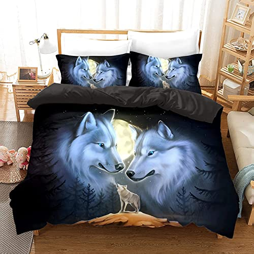 HSGLGNA Bettwäsche-Set mit Wolf-Motiv, Wolf-Mond, 3-teilig,3D Wolf Mikrofaser Bettwäsche-Sets 3teilig mit Reißverschluss,100% Baumwolle, mit Bettbezug und Kissenbezug (Wolf-2, 135 x 200 cm)