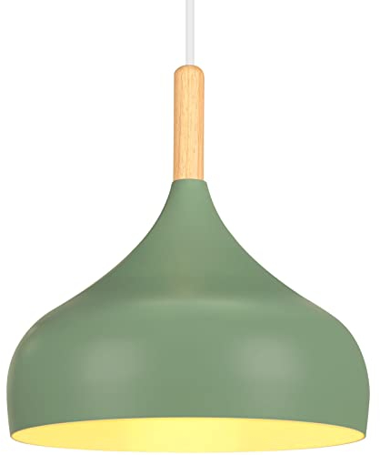 iDEGU Lámpara de Techo Retro LED Lámpara Colgante Moderna en Madera Metal Estilo Escandinavo E27 Iluminación de Techo Vintage Lámpara para Dormitorio Comedor Cocina, 24CM (Verde Oliva)