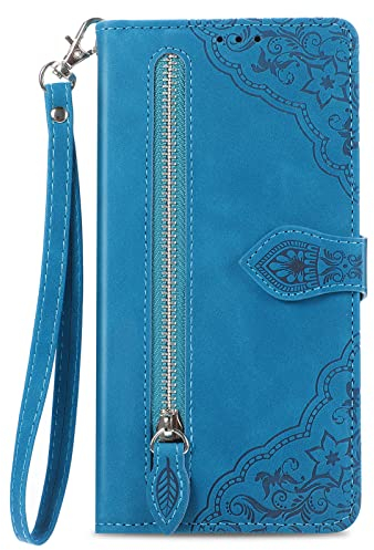 NEXCURIO Zip Wallet Case Compatible with Apple iPhone 14 Plus Phone Case Wallet with Credit Card Holder Strap Stand Women Leather Flip Case Floral Folding Cover Shockproof - Blue