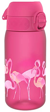 Ion8 Gourde Enfant, 350ml, Anti-Fuite, Facile à Ouvrir, Verrouillage Sécurisé, Lavable en Lave-Vaisselle, Sans BPA, Poignée de Transport, Facile à Nettoyer, Carbone Neutre, Motif Flamants