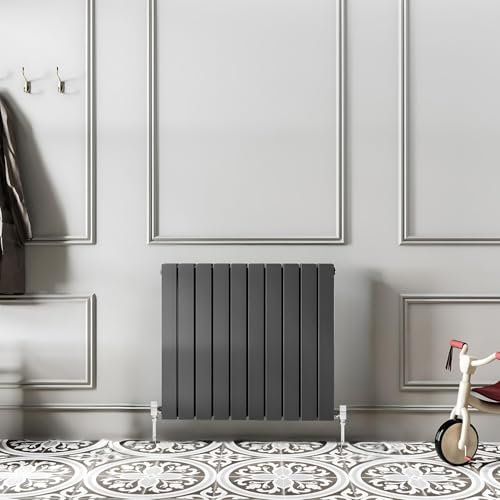 Go Bathrooms Pinta Horizontal Grey Radiator 600 x 544mm Flat Panel Horizontal Black Double Wall Mounted Slim Designer Radiator