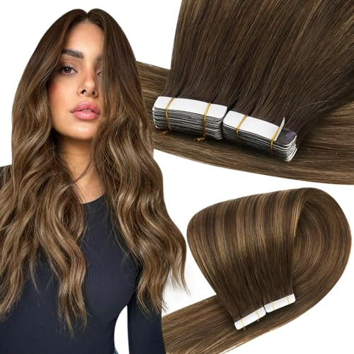 Easyouth Tape in Hair Extensions Real Human Hair Brown Balayage Glue in Hair Extensions Human Hair Ombre Brown Tape in Human Hair Extensions Remy Natural 12 Inch 30g 20Pcs