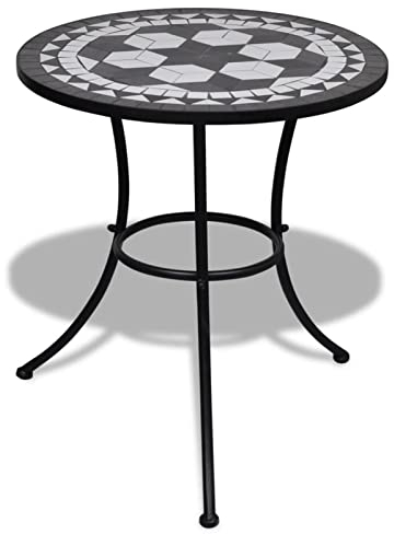 Homgoday Bistrotisch Gartentisch Balkontisch Terrassentisch Mosaiktisch Beistelltisch Couchtisch Gartenmöbel Tisch mit Mosaikplatte Schwarz und Weiß 60 cm Mosaik