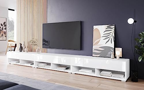 MINIO go for it - Armoire TV Lowboard Anne I 300x30x33 cm I avec Portes et Niches Ouvertes I Panneau de Particules Stratifié I Fonctionnel I Blanc Mat et Blanc Brillant - sans Éclairage