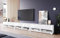 MINIO go for it - Armoire TV Lowboard Anne I 300x30x33 cm I avec Portes et Niches Ouvertes I Panneau de Particules Stratifié I Fonctionnel I Blanc Mat et Blanc Brillant - sans Éclairage