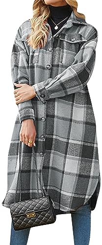 OMZIN Plaid Revers Kragen Shirt Tartan Casual Trendy Tops Lange Büro Bluse Mantel mit Taschen für Damen Lose Grau M