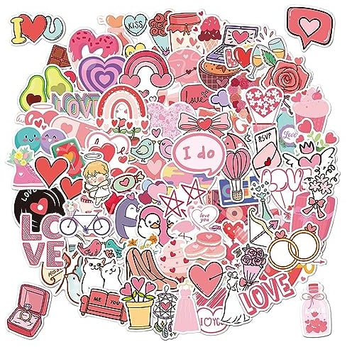 Rumyve 100 PCS Heart-Shaped Pink Cute Stickers - Love You Scrapbooking Waterproof Stickers for Girls' Fashion, Luggage, and Laptop