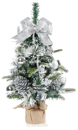 Lobwerk Weihnachtsbaum 50cm mit Dekoration Christbaum Tischdekoration künstlich mehrfachverwendbar geschmückt Tannenbaum (Silber)