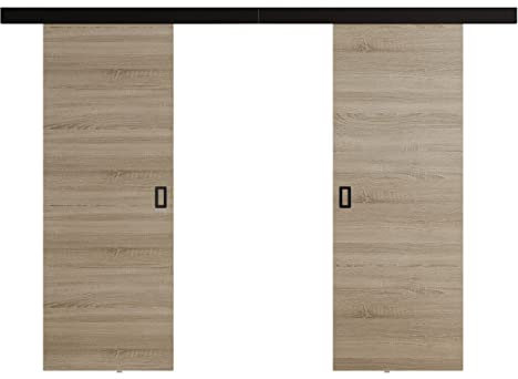 Mirjan24 Schiebetürsystem Fulmar Duo, 3 Breite wählbar, gedämpften Schließmechanismus, Komplett-Set für Schiebetüren, Abstandsführung Trennwände Innentüren (Sonoma, Modell 132)