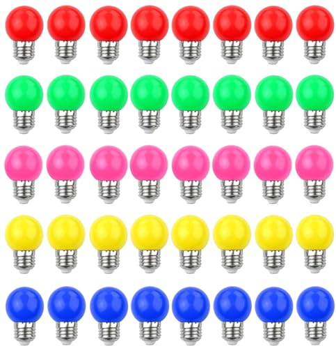V-TOO LED 40er Pack Farbige Glühbirnen E27 Bunt LED 3W 240 Lumens Dekoratives Licht und Design E27 Bunte Glühbirnen Gemischte Farben Rot Gelb Blau Grün Rosa