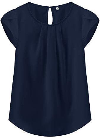 TASAMO Womens Blouses Crew Neck Short Sleeves Pleated Keyhole Back Casual Summer Chiffon Tops Dressy Tunic Navy Blue