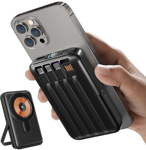Batterie Externe sans Fil, Magnétique Power Bank Induction Charge Rapide 15000mAh, QC 22.5W & USB C PD 20W, Chargeur Baterie avec Support Pliable, 4 Câbles Intégrés pour Smartphones, Tablette